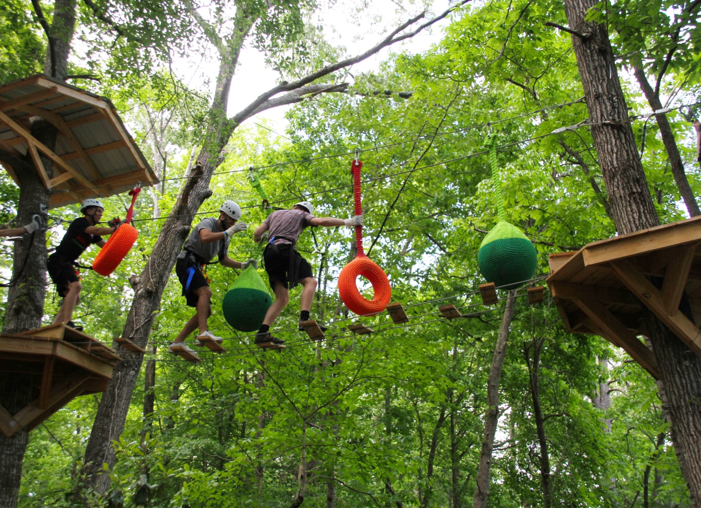 group climbing through aerial adventure park challenge ropes course