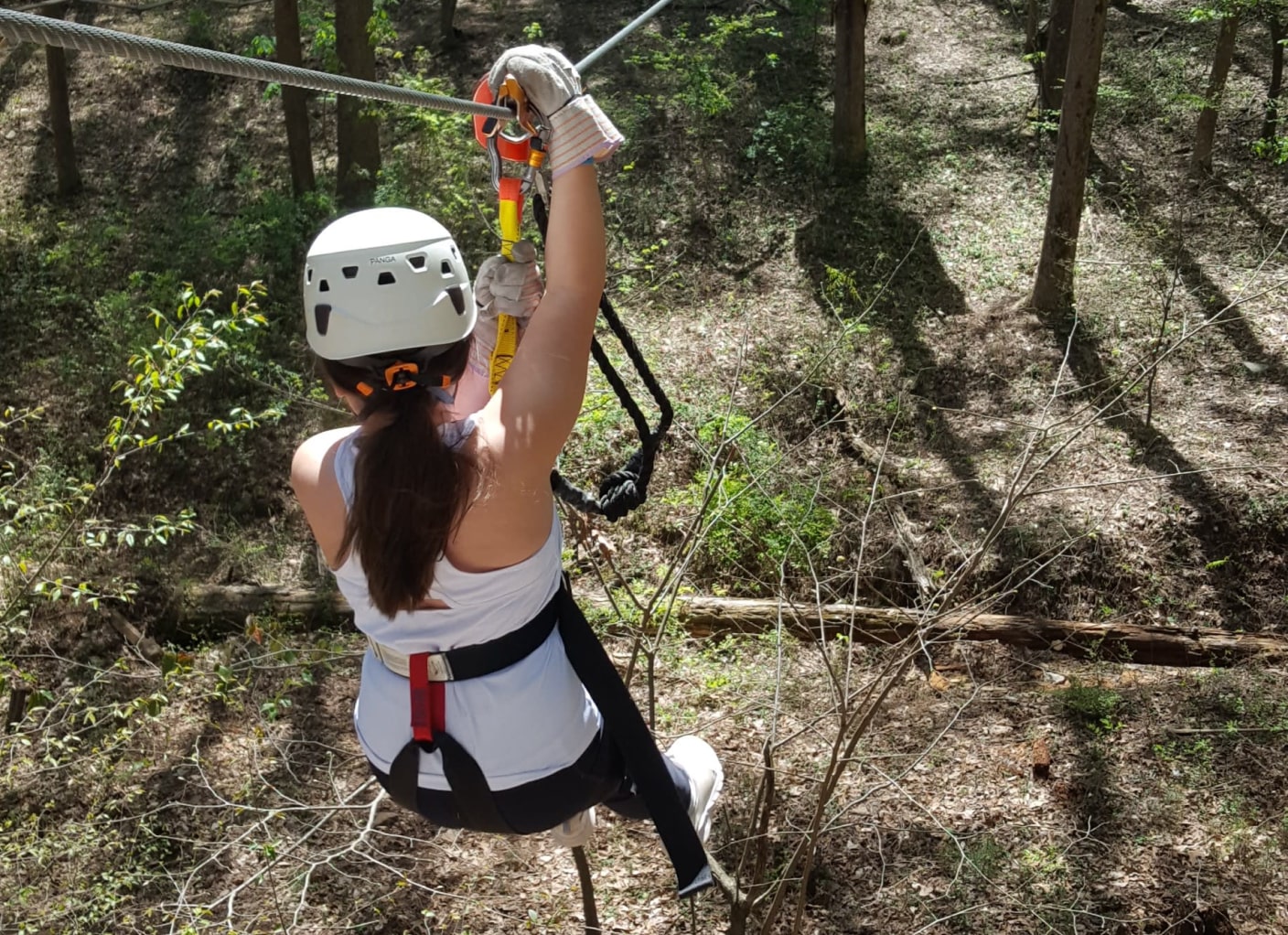 woman ziplining through tree canopy in georgiaa